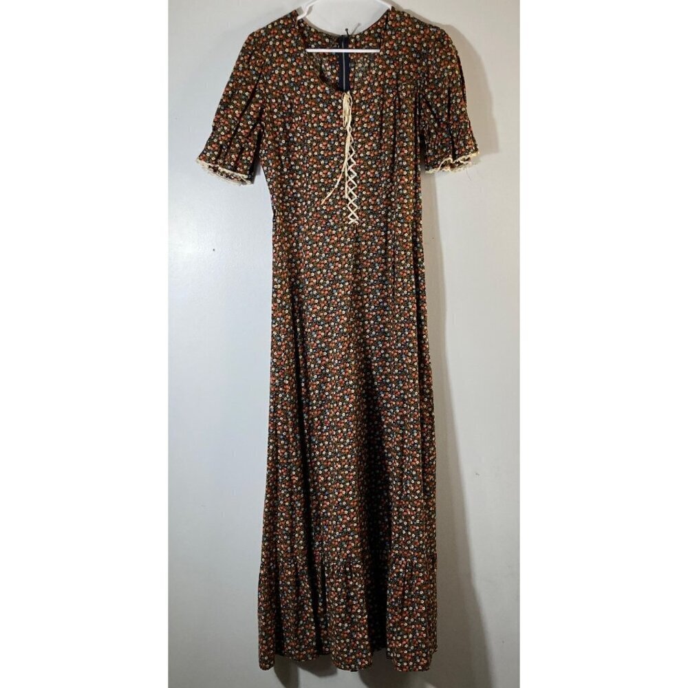 Womens Handmade Dress Bodice Tie Prairie Ditsy Floral Black Brown Orange M